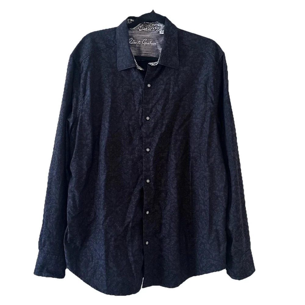 Robert Graham Black Shirt Mens 2XL Floral Paisley Print LS Button Up Classic Fit